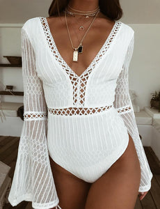 Puff Sleeve Plunge Lace Bodysuit Going Out Body Suits High Waisted on sale - SOUISEE