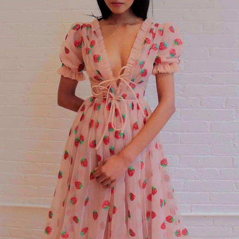 Sparkly Sequin Strawberry Midi Dress Ruffle Mesh Tulle Ball Gown on sale - SOUISEE