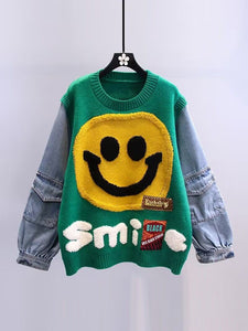 Y2k Smiley Face Fuzzy Embroidered Color Block Knit Denim Sweatshirt Coat