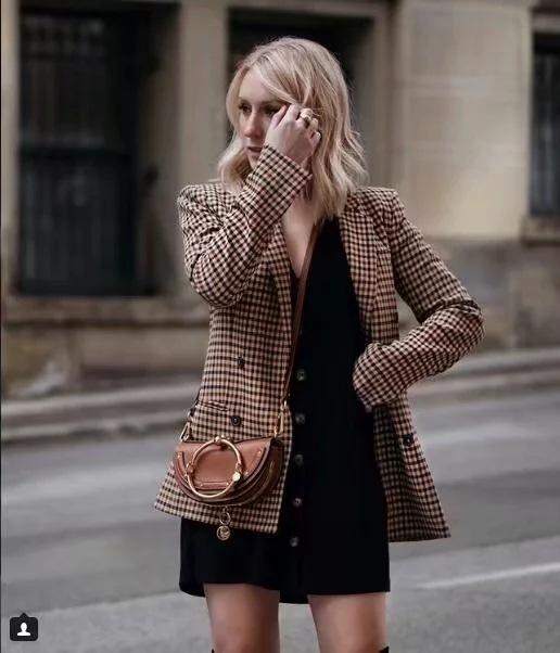 Double Breasted Khaki Lapel Collar Checkered Blazer Suit Womens on sale - SOUISEE