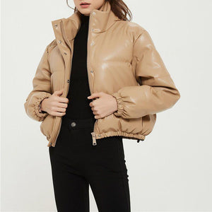 Water Repellent Faux Leather Cotton Padded Waxed Puffer Jacket on sale - SOUISEE