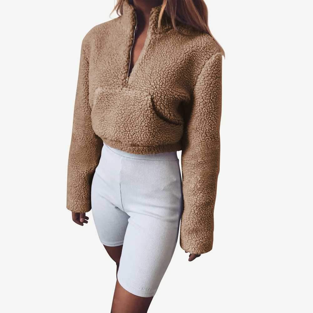 Polo Cropped Faux Fur Coat Fleece Lined Shearling Sweatshirt Pullover With Pocket on sale - SOUISEE