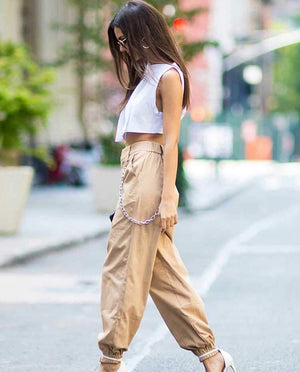 High Waisted Baggy Carrot Trousers Cargo Pants With Chains on sale - SOUISEE