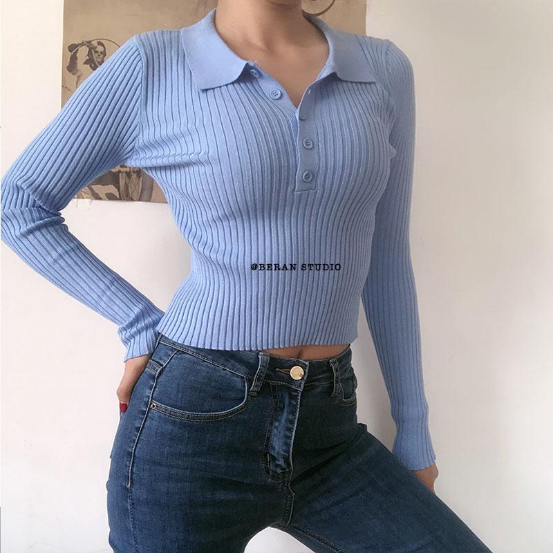 Cozy Long sleeve knitted polo shirt Tops Womens on sale - SOUISEE