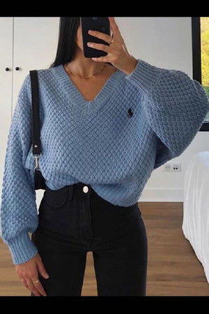 Chunky V Neck Waffle Knit Jumper Sweater For Ladies on sale - SOUISEE