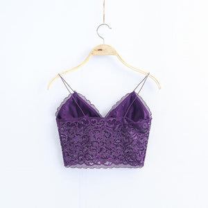 V Neck lace trim cami crop top camisoles tanks tops on sale - SOUISEE