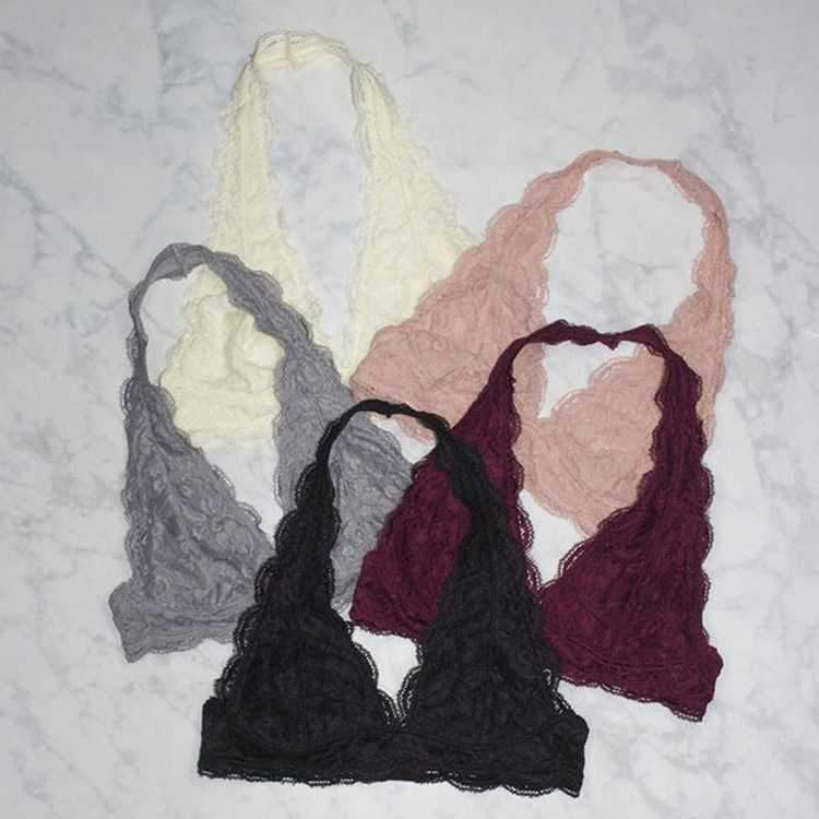 Boho Crochet Neckline Lace Halter Backless Bralette Padded on sale - SOUISEE