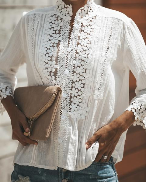 Bohemian Crochet Lace Button Up Shirt Top on sale - SOUISEE