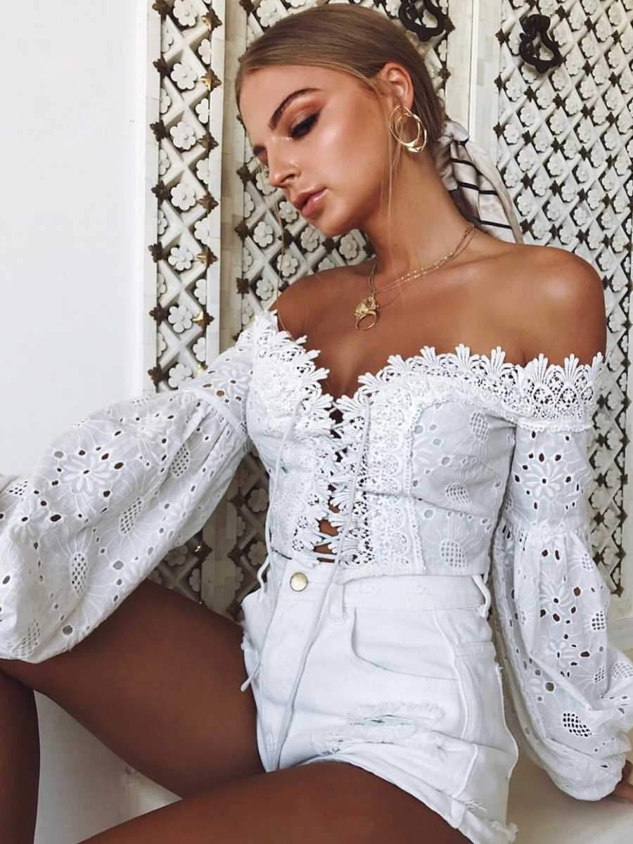 Eyelet Lace Crop Top Off Shoulder Puff Sleeve on sale - SOUISEE