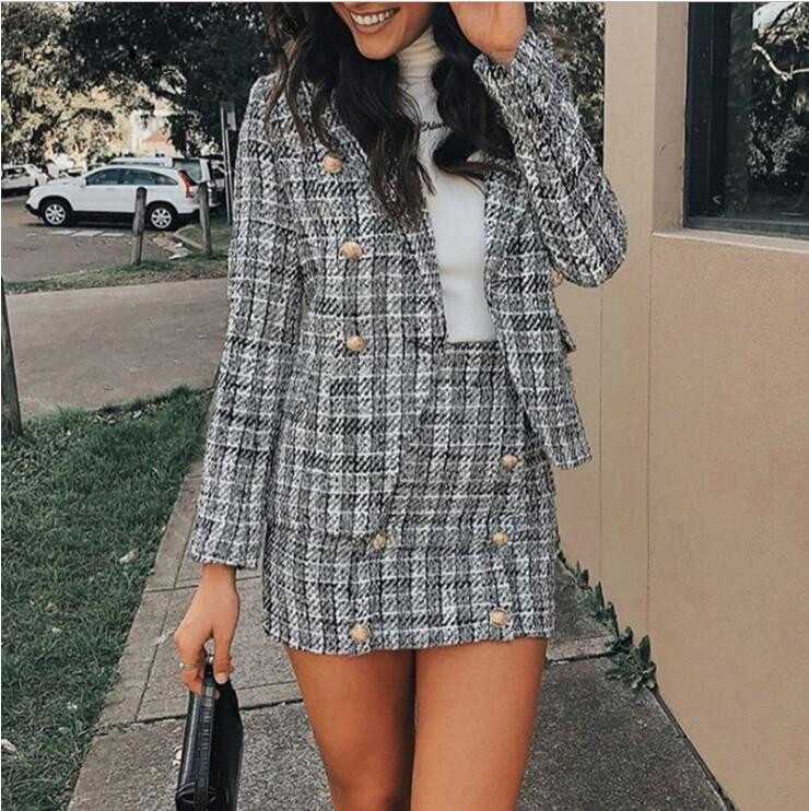 Confident Womens Tweed Blazer And Skirt Suits Plaid on sale - SOUISEE