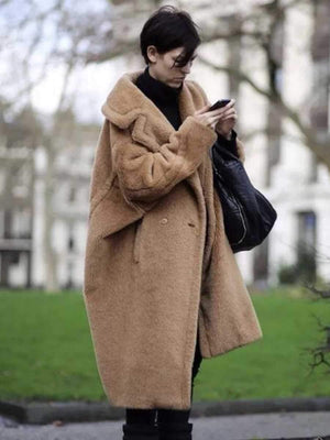 Long Faux Fur Camel Teddy Coat Maxi Jackets on sale - SOUISEE