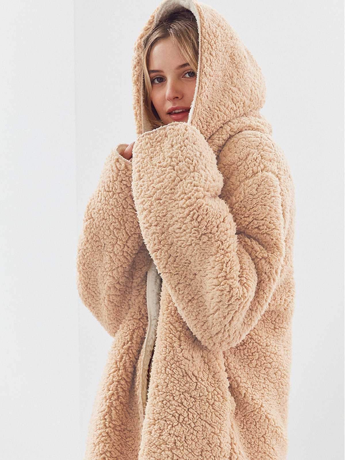 Revers Fuzzy Faux Fur Hooded Long Winter Coat on sale - SOUISEE