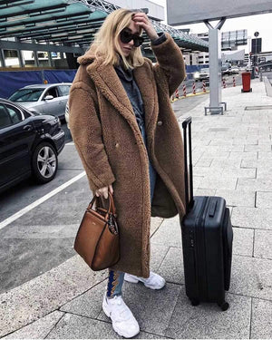 Long Faux Fur Camel Teddy Coat Maxi Jackets on sale - SOUISEE