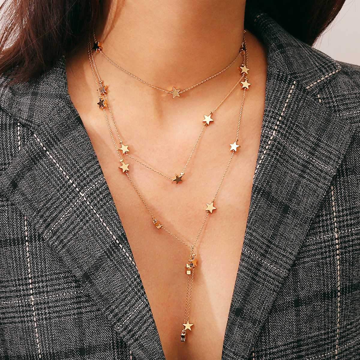 Stars Beaded Multi Layered Chocker Necklace Gold on sale - SOUISEE