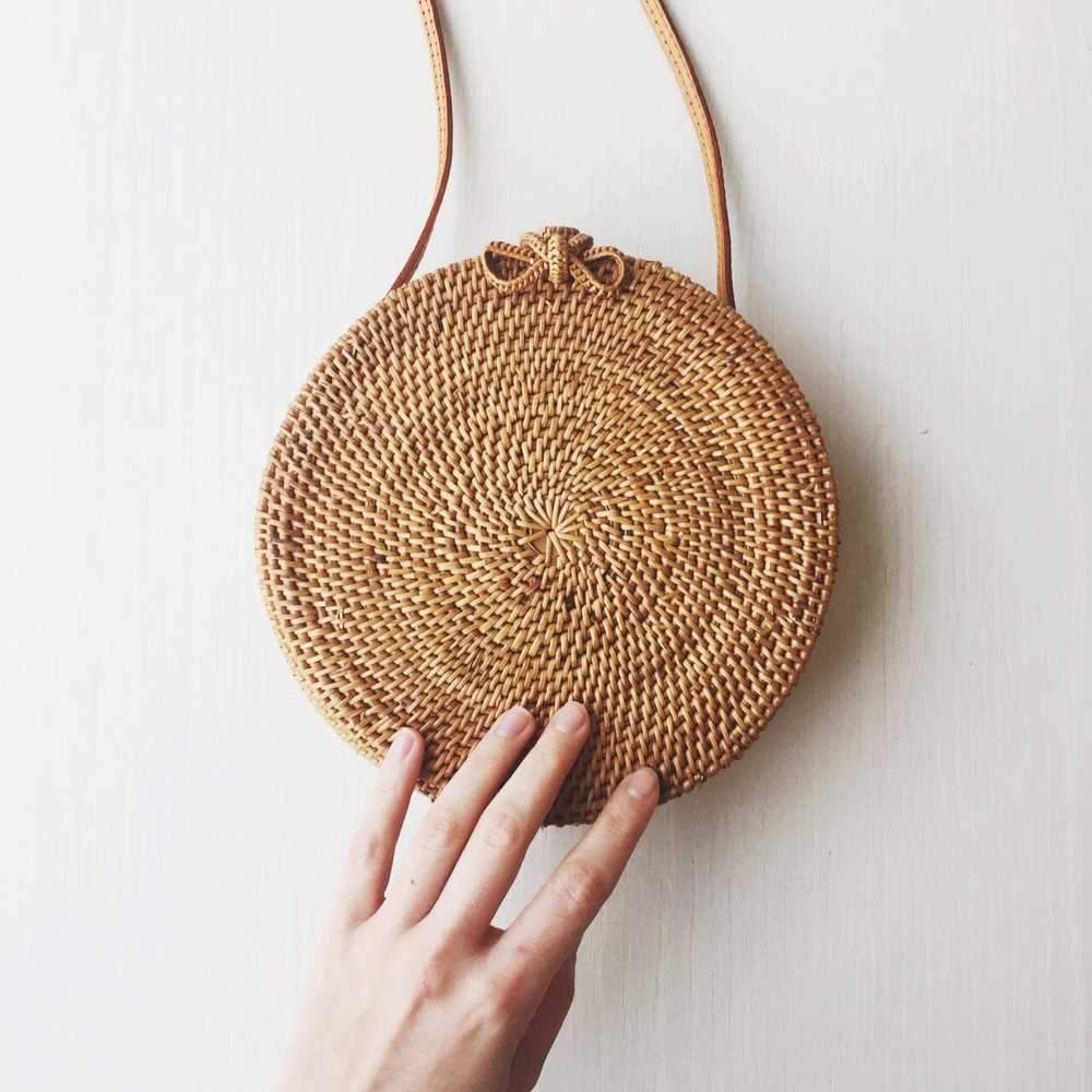 Boho Handmade Round Woven Handbag Bali Rattan Crossbody Beach Bag on sale - SOUISEE