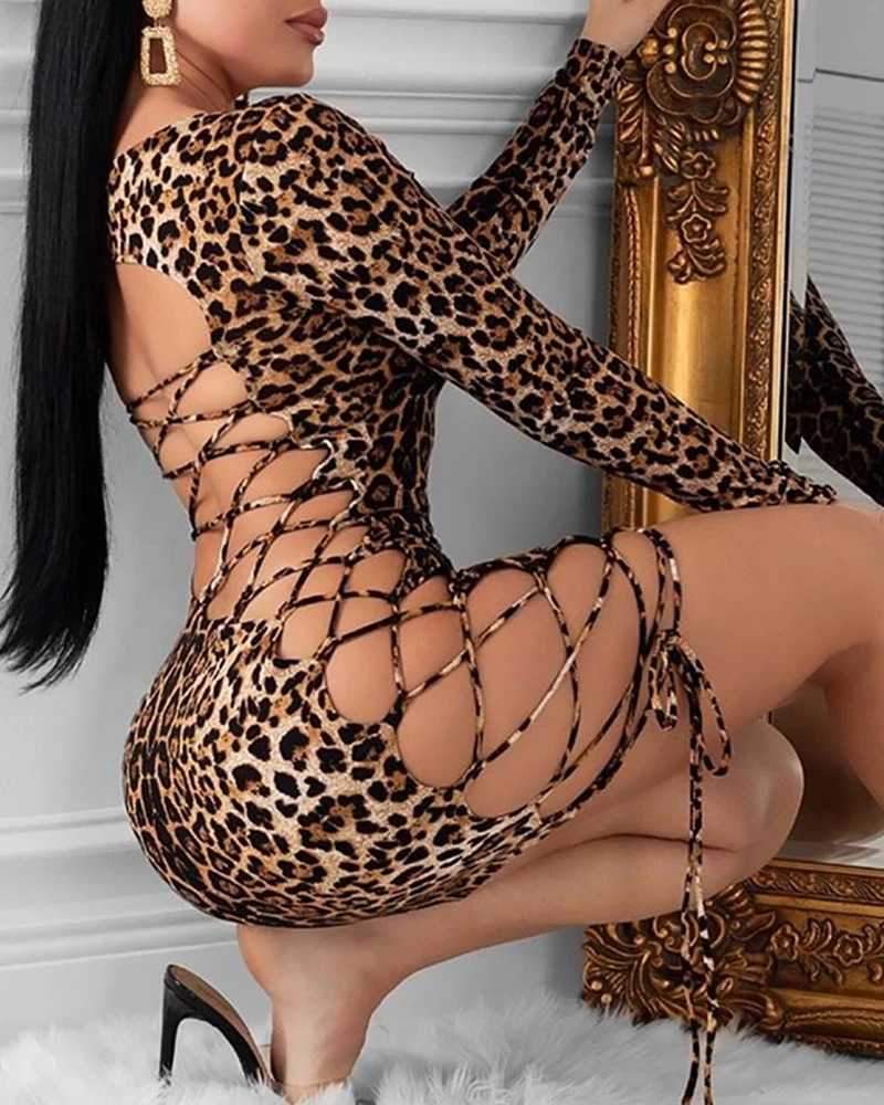 Leopard Strappy Criss Cross Bodycon Back Lace Up Dress on sale - SOUISEE