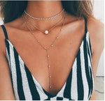 Silver Diamond Pendant Necklace Layered Long Necklace Pearl Choker on sale - SOUISEE