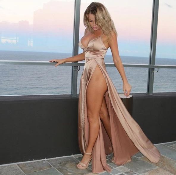 Rose Gold Spaghetti Double Split Maxi Satin Dress Gowns Backless on sale - SOUISEE