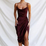Cowl Neck Satin Slip Thigh Split Leg Midi Dress on sale - SOUISEE