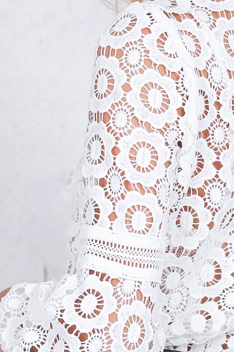 Sheer Mesh White Crochet Eyelet Lace Blouse Top on sale - SOUISEE