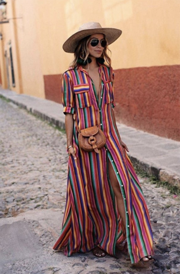 Boho Multi striped long maxi button down dress with sleeves on sale - SOUISEE