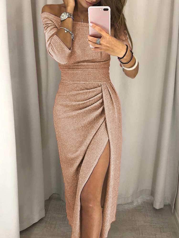 Glitter Half Sleeve High Waisted Off The Shoulder Split Dress on sale - SOUISEE