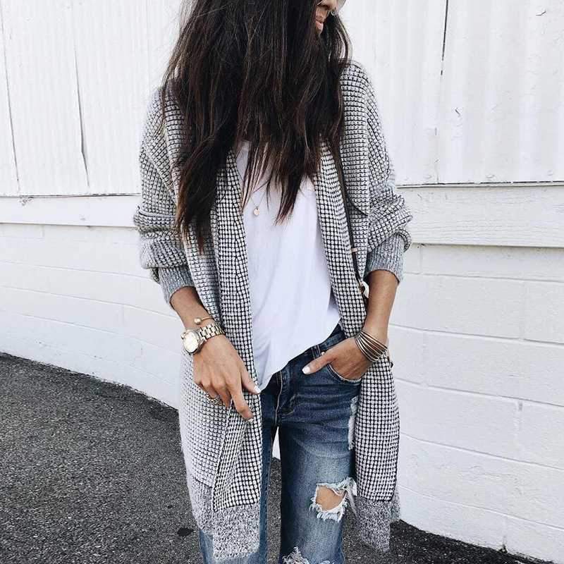 Oversized Black White Checkered Long Cardigan Sweater on sale - SOUISEE
