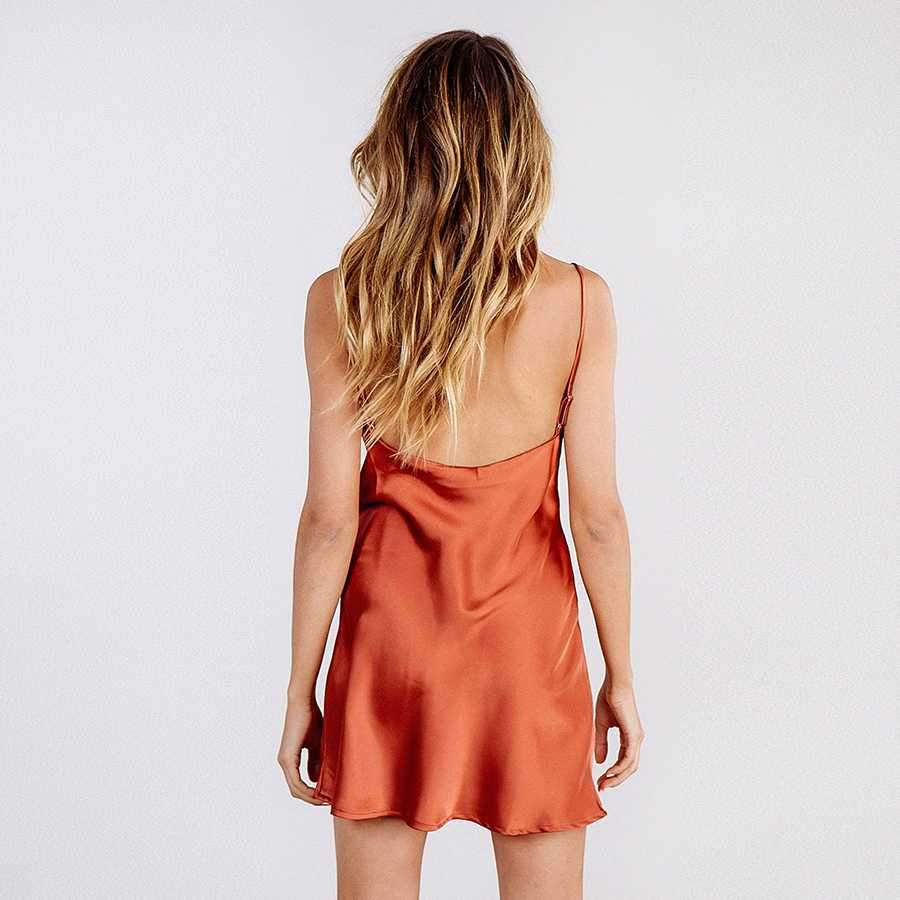 Solid Color Scoop Low Back Cowl Neck Satin Slip Mini Dress on sale - SOUISEE