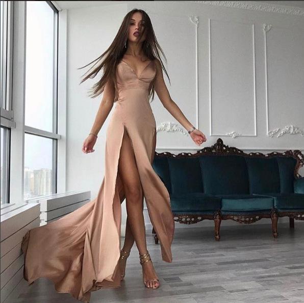 Rose Gold Spaghetti Double Split Maxi Satin Dress Gowns Backless on sale - SOUISEE