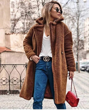 Long Faux Fur Camel Teddy Coat Maxi Jackets on sale - SOUISEE