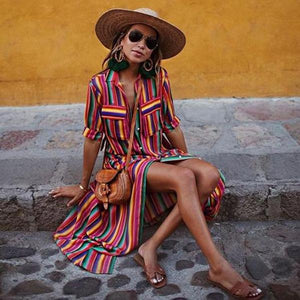 Boho Multi striped long maxi button down dress with sleeves on sale - SOUISEE