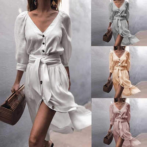 Casual Front Tie Mid Sleeve Button Front Shirt Dress on sale - SOUISEE