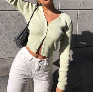 Long Sleeve Button Down Crop Top Knit Shirt For 90s on sale - SOUISEE