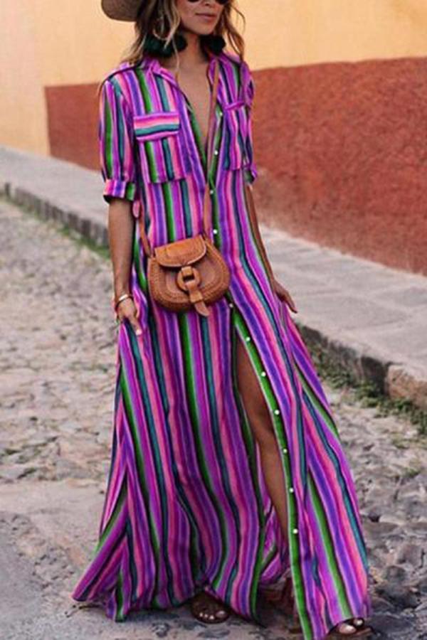 Boho Multi striped long maxi button down dress with sleeves on sale - SOUISEE