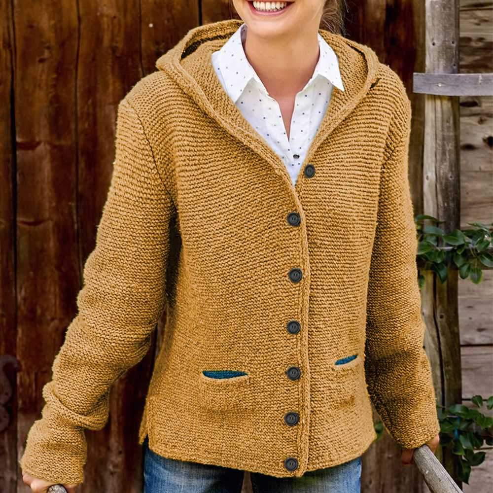 Oversized Ladies Knitted Hooded Cardigan Knitted Sweater Jacket with Pocket on sale - SOUISEE