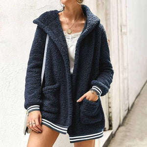 Varsity Fluffy Wubby Teddy Bear Sherpa Fleece Sweater Jacket Hooded on sale - SOUISEE