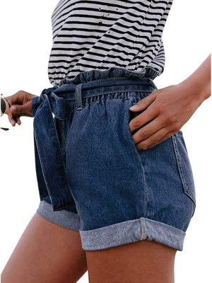 Boyfriend Loose Fit High Waisted Cuffed Paperbag Denim Shorts on sale - SOUISEE