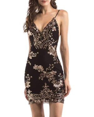 Sparkly Glitter Floral Embellished Spaghetti Plunge Sequin Dress on sale - SOUISEE