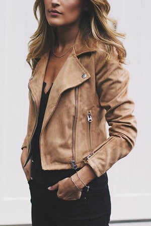 Large Lapel Collar Casual Moto Jacket Zip Up Coat on sale - SOUISEE