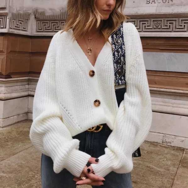 Chunky Oversized Big V Neck Button Up College Sweater For Women on sale - SOUISEE