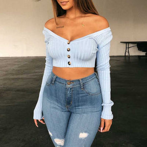 Ribbed Off The Shoulder Cropped Button Up Knit Tops on sale - SOUISEE