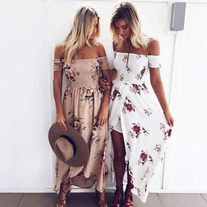 Off The Shoulder Maxi Slit Dress Boho Floral Prints on sale - SOUISEE