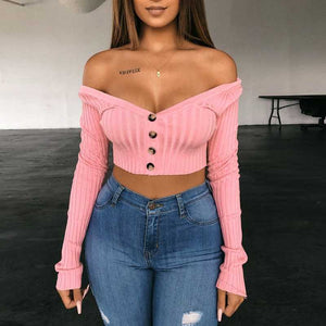 Ribbed Off The Shoulder Cropped Button Up Knit Tops on sale - SOUISEE