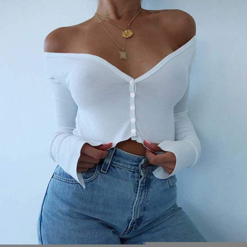 Ribbed Off The Shoulder Cropped Button Up Knit Tops on sale - SOUISEE