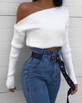 White Cold One Shoulder Knit Sweater Top For Work on sale - SOUISEE