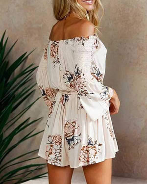 Boho Front Tie Waist Off Shoulder Floral Romper Dress on sale - SOUISEE