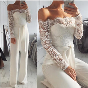 Cozy Lace Off The Shoulder Tie Jumpsuit Pantsuits on sale - SOUISEE