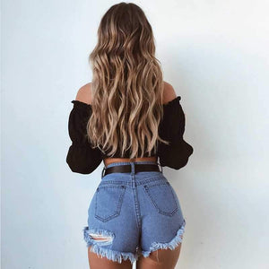 Lantern Long Sleeve Ruffle Off The Shoulder Chiffon Crop Top Blouse on sale - SOUISEE