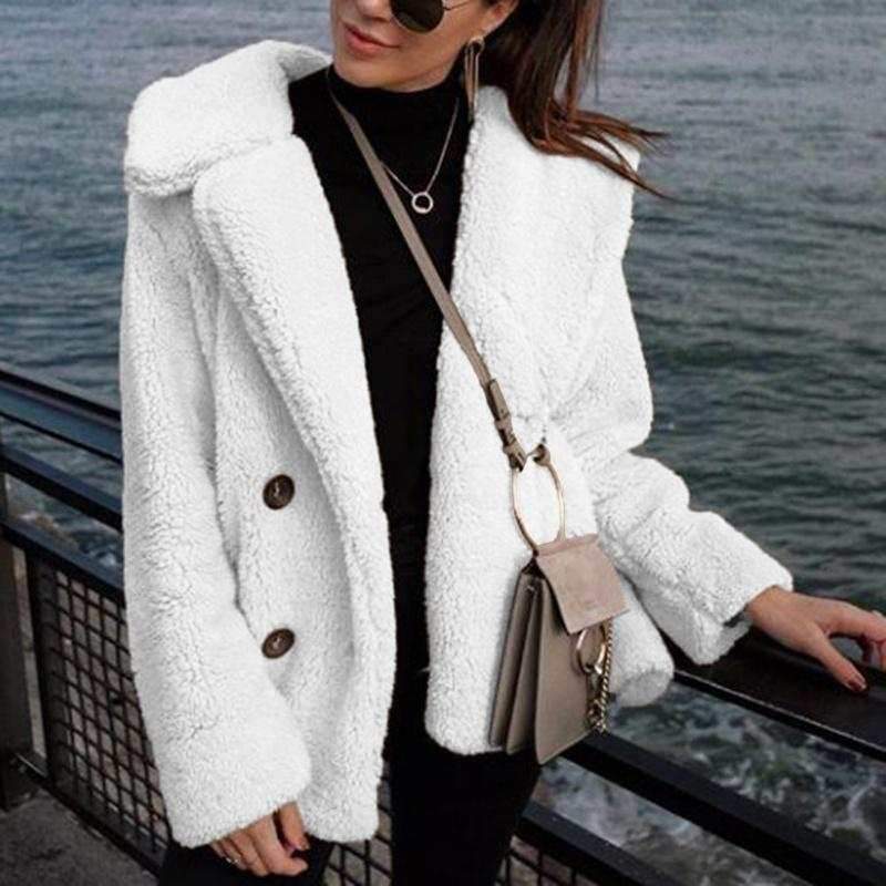 Fluffy Laper Collar Double Breasted Faux Fox Fur Teddy Fleece Jacket Women's on sale - SOUISEE