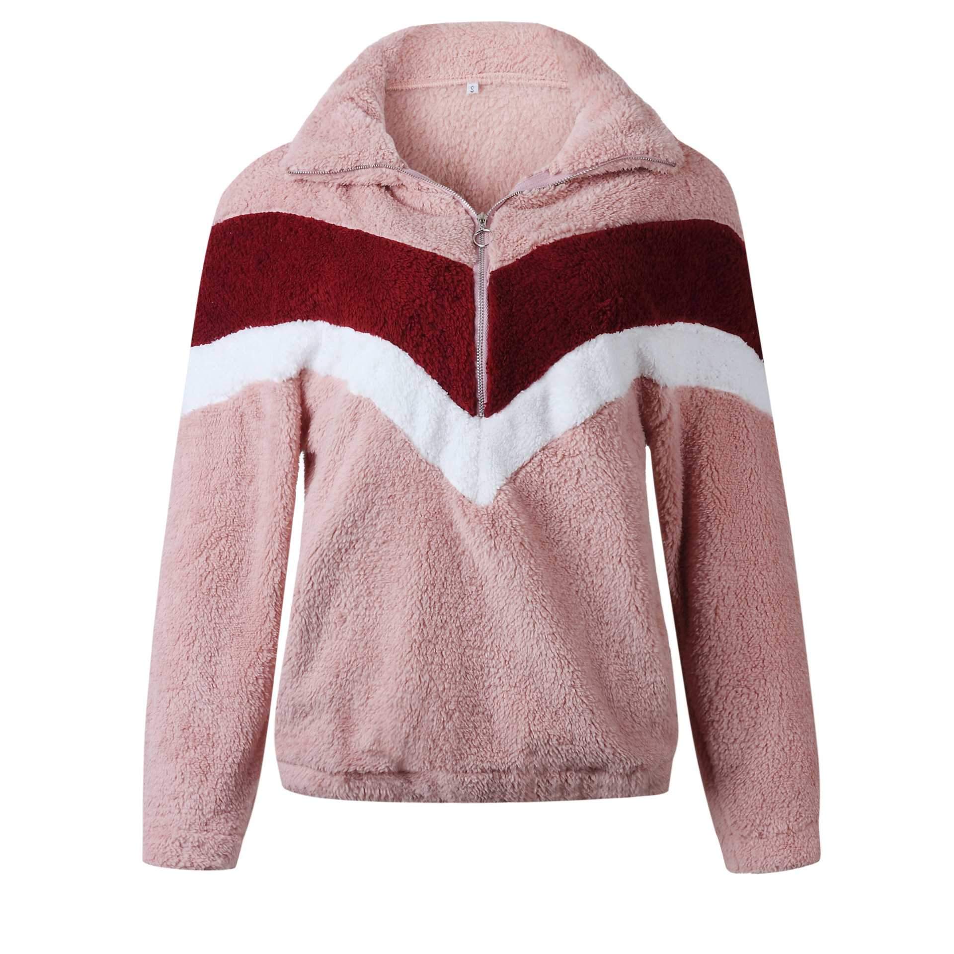 Cozy Colorblock Chevron Half Zip Sherpa Pullover Faux Fur Sweatshirt Jacket on sale - SOUISEE